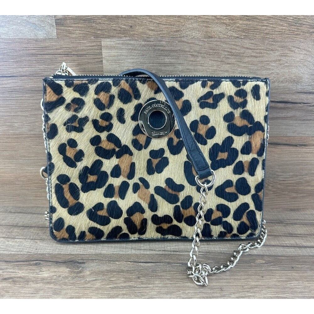 Paul Costelloe Leopard/Leather Handbag Purse With Gold Chain Strap PC693…